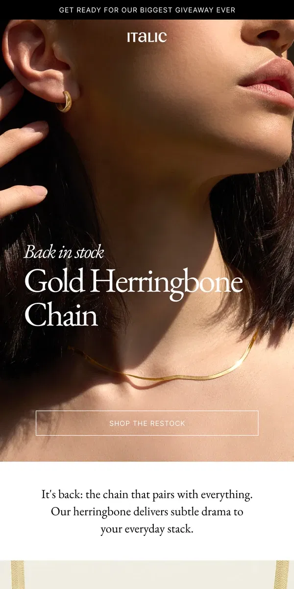 Email from Italic. IT'S BACK: 14k Gold Herringbone Chain