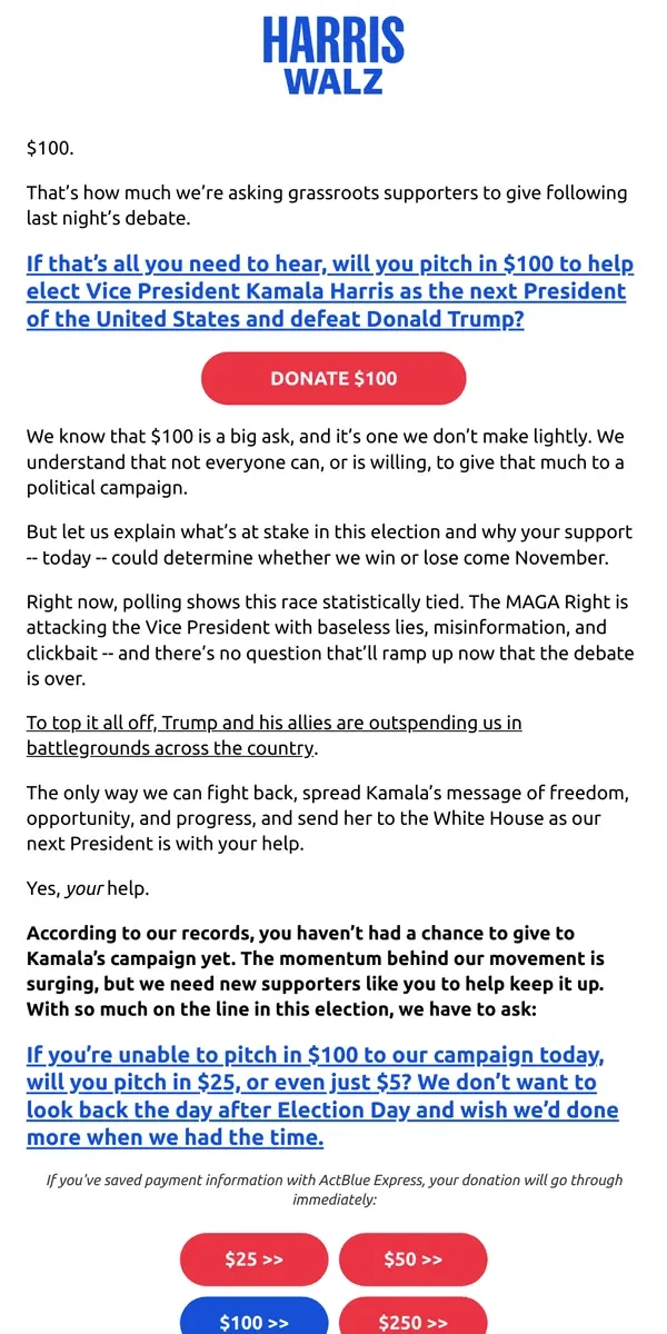 Email from Kamala Harris. According to our records, you haven’t had a chance to give to Kamala’s campaign yet. The momentum behind our movement is surging, but we need new supporters like you to help keep it up. With so much on the line in this election, we have to ask: