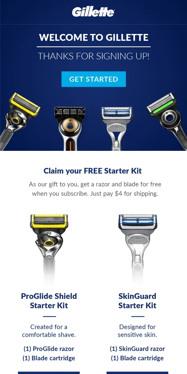 Email from Gillette. Welcome, FREE Starter Kit inside!