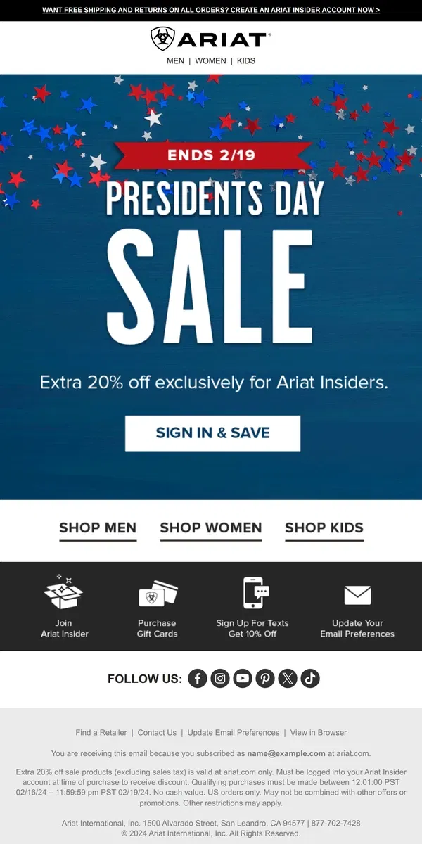 Email from Ariat. Presidents Day Sale Starts Now