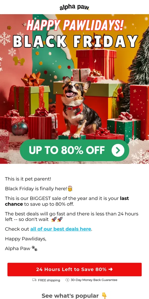 Email from Alpha Paw. 🚨 🙀 Black Friday is here! Up to 80% OFF storewide