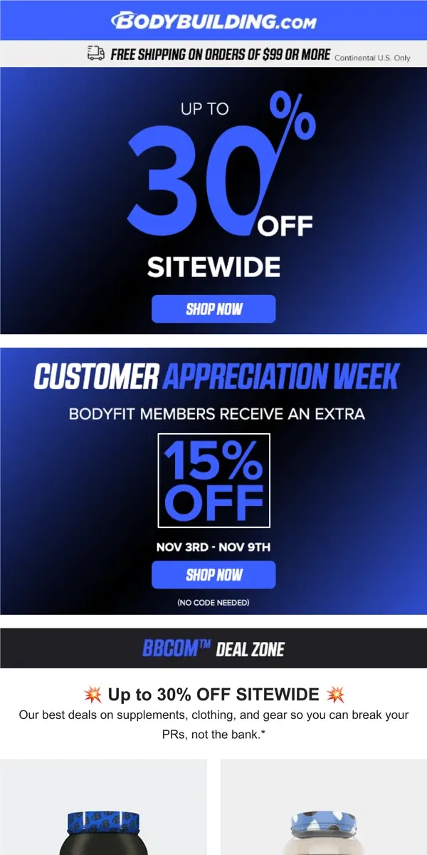 Email from Bodybuilding.com. 💥 Up to 30% OFF SITEWIDE 💥