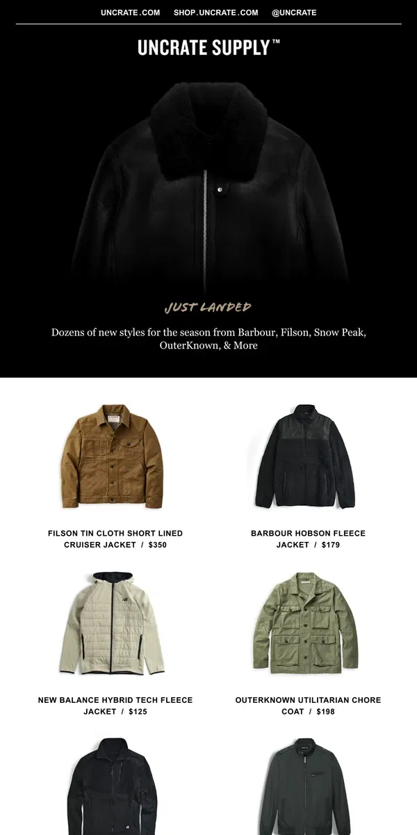 Email from Uncrate. Just Landed / Fall & Winter Jackets from Barbour, Filson, Snow Peak, OuterKnown, & More