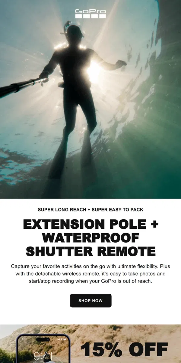 Email from GoPro.  What Has Extra Long Reach but Still Travels Light? 🤔