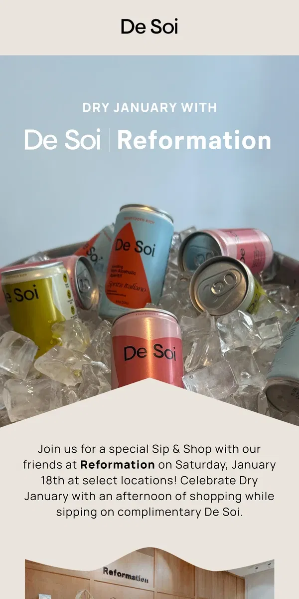 Email from De Soi. De Soi x Reformation: Sip & Shop