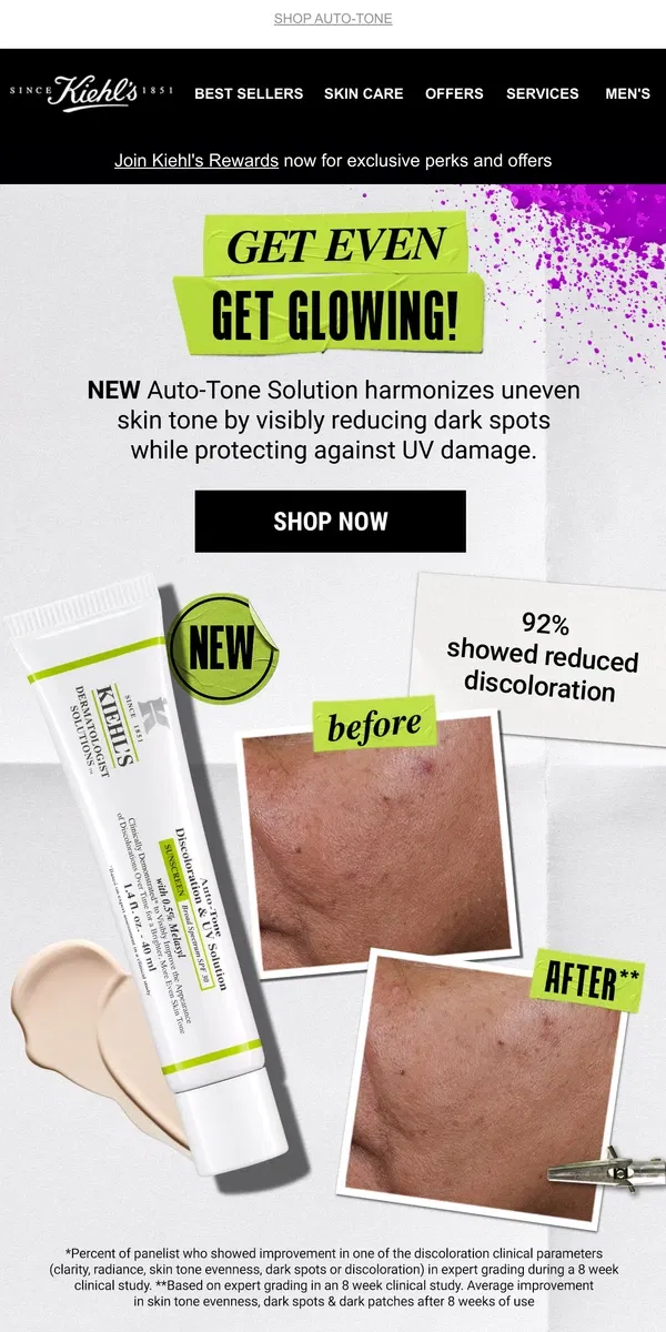 Email from Kiehl's. 92% Showed Reduced Signs Of Discoloration 🤩