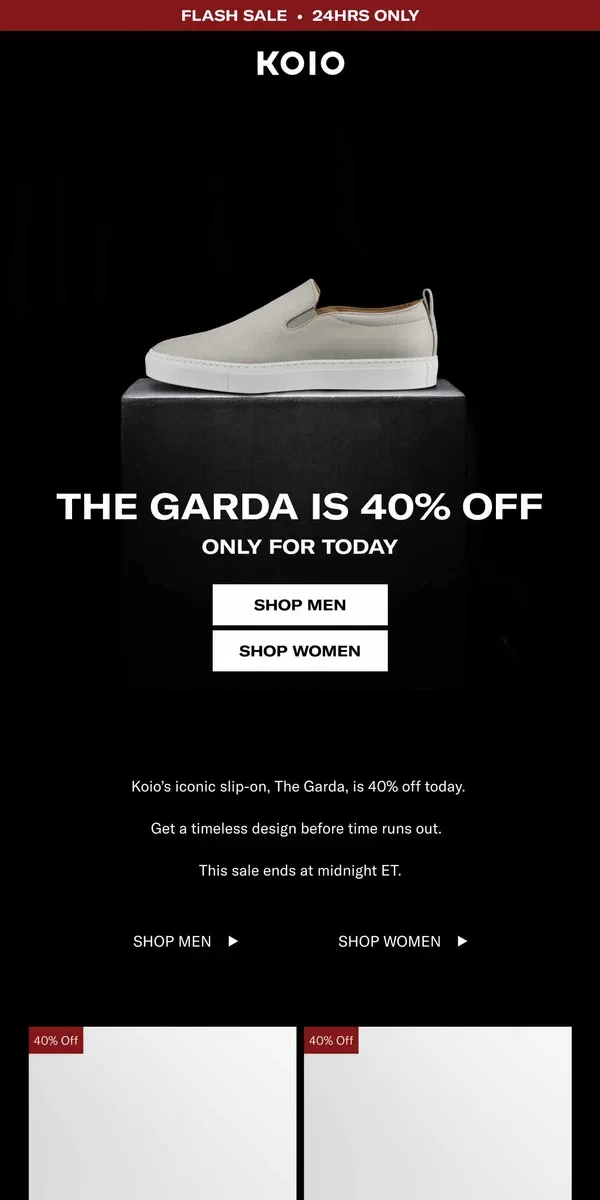 Email from Koio. 40% off the Garda