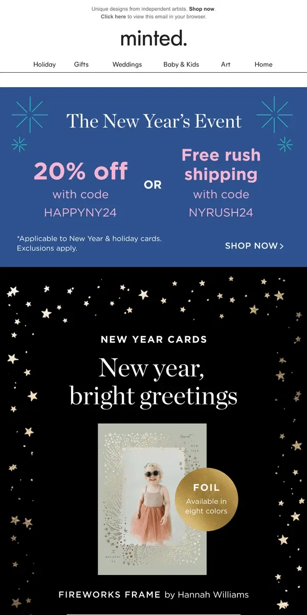 Email from Minted. Cheers! 20% off New Year cards