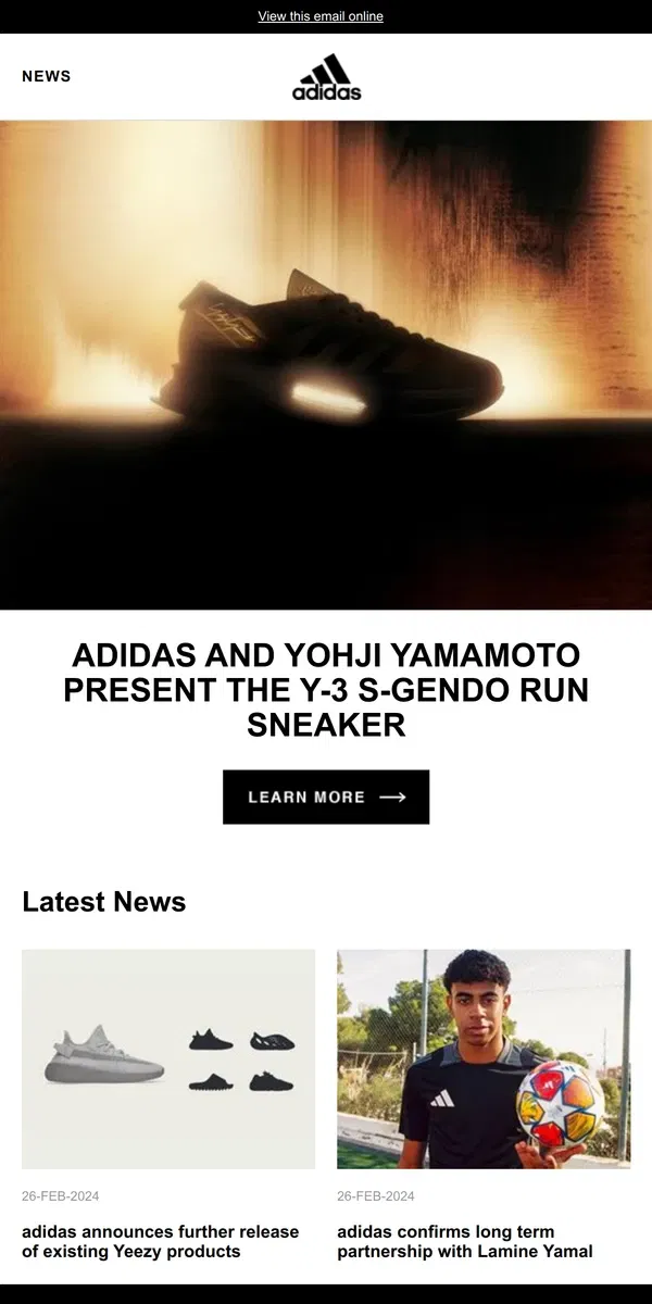 Email from Adidas. adidas and Yohji Yamamoto Present the Y-3 S-GENDO RUN Sneaker