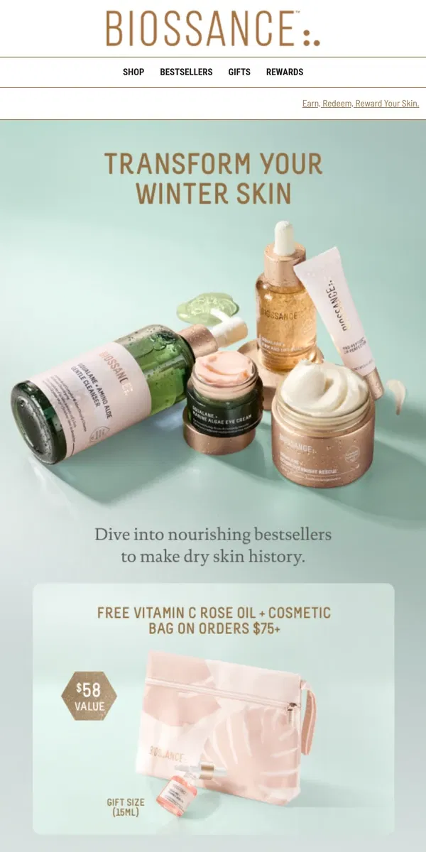 Email from Biossance. FIRST TIME EVER! Free luxe mini Rose Oil + bag