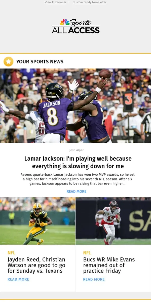 Email from NBC Sports. Lamar Jackson: I’m playing well because everything is slowing down for me