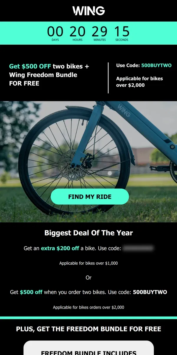 Email from Wing Bikes. Unbeatable savings happening right now 💥