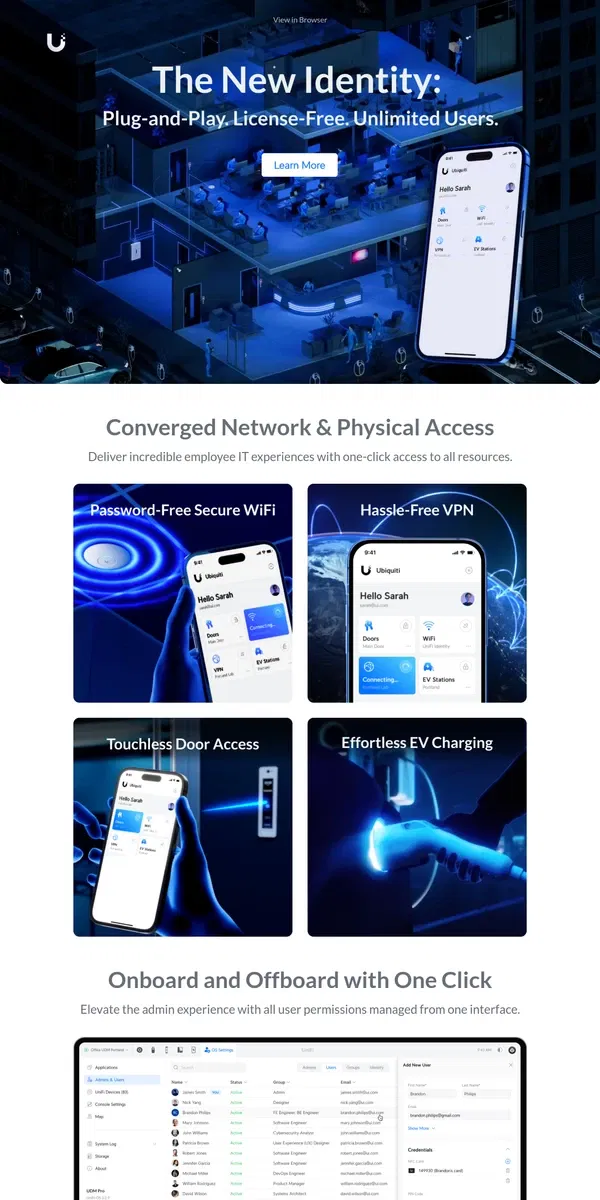 Email from Ubiquiti. The New Identity: Plug-and-Play. License-Free. Unlimited Users.