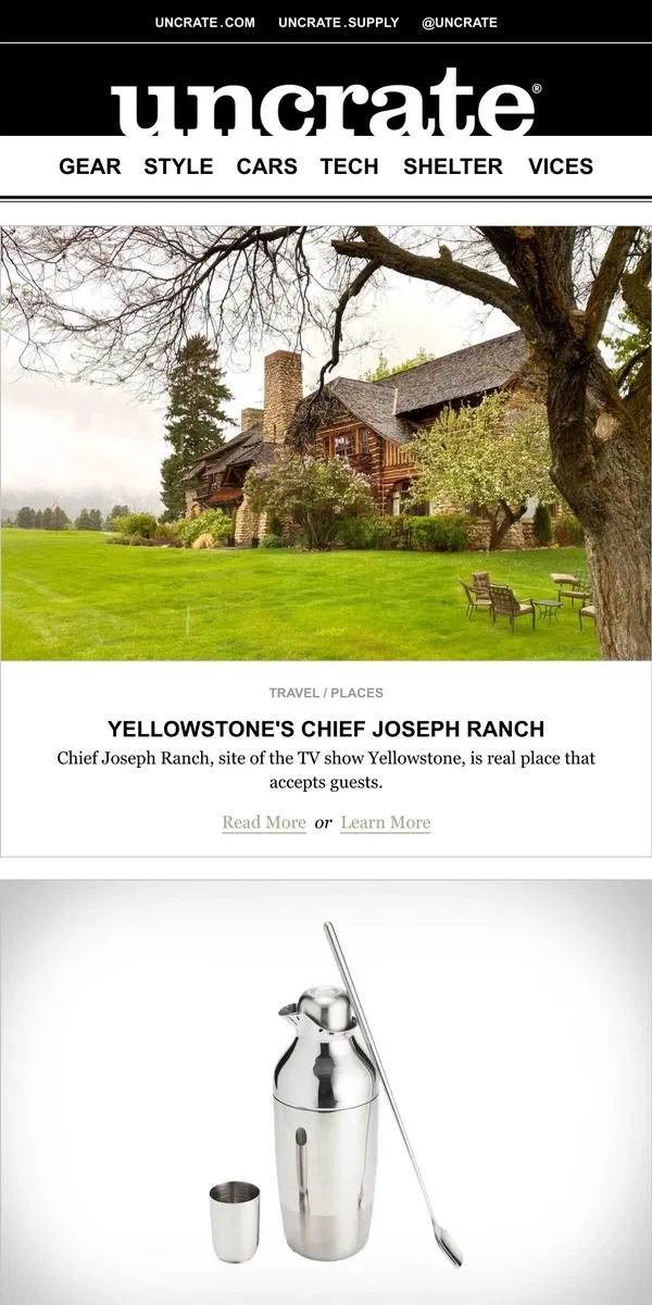 Email from Uncrate. Yellowstone's Chief Joseph Ranch & more