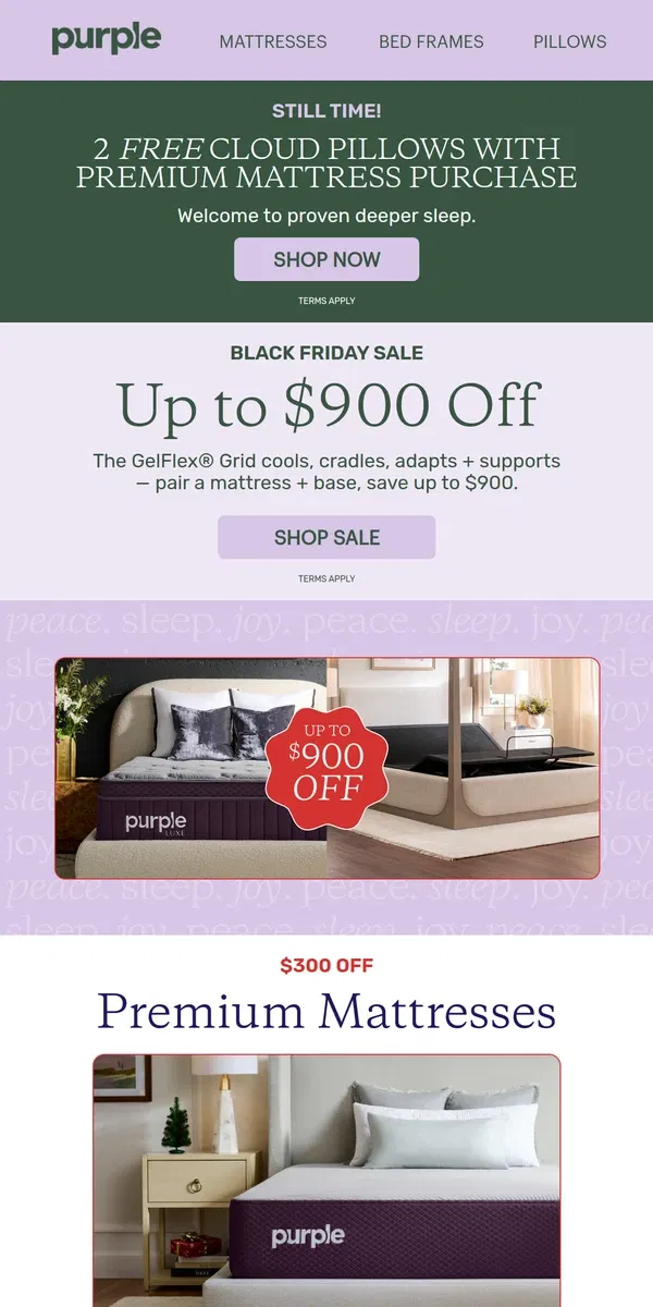 Email from Purple. Still ⏰! Black Friday + 2 Free Pillows