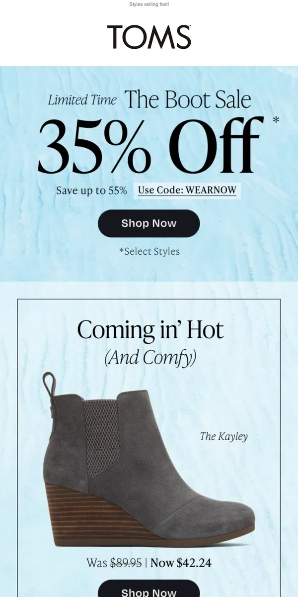 Email from TOMS. Almost over: EXTRA 35% OFF Boots 👏