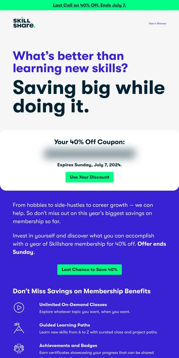 Email from Skillshare. ENDING SUNDAY | 40% Off