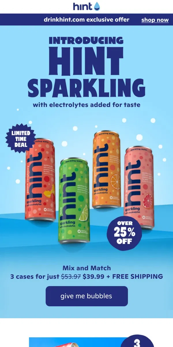 Email from Hint Water. THIS JUST IN: Hint Sparkling reimagined! 🫧