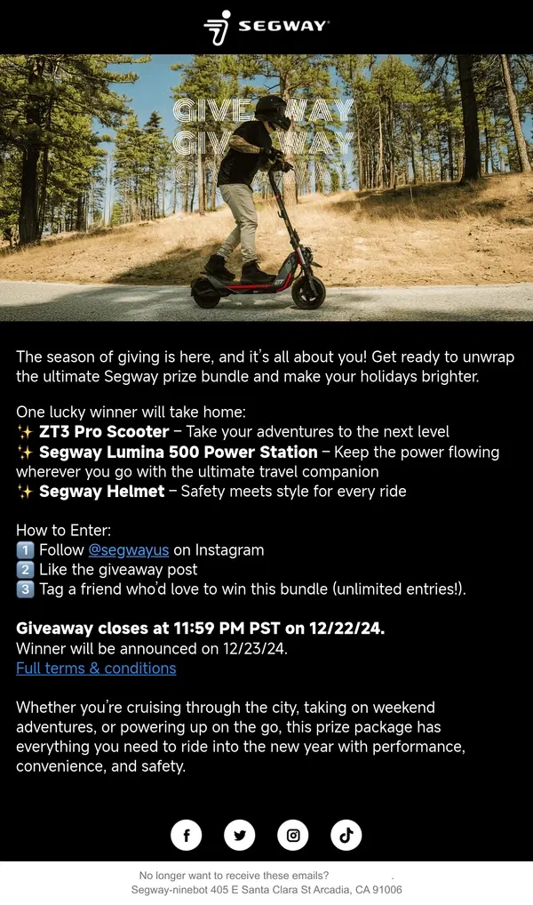 Email from Segway. 🎁 Segway’s Ho Ho Holiday Giveaway 🎁