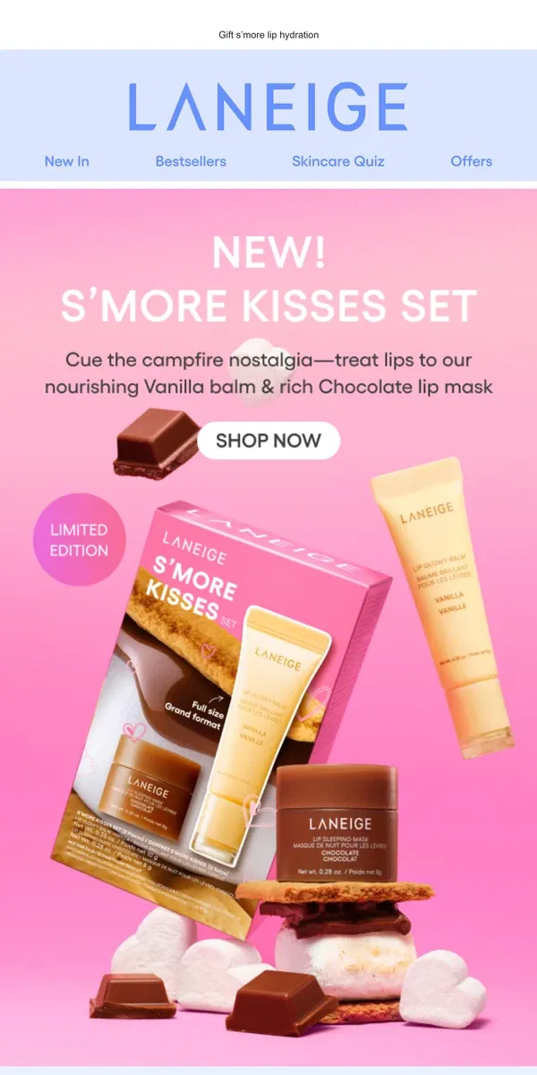 Email from LANEIGE. New Drop! S’more Kisses Set