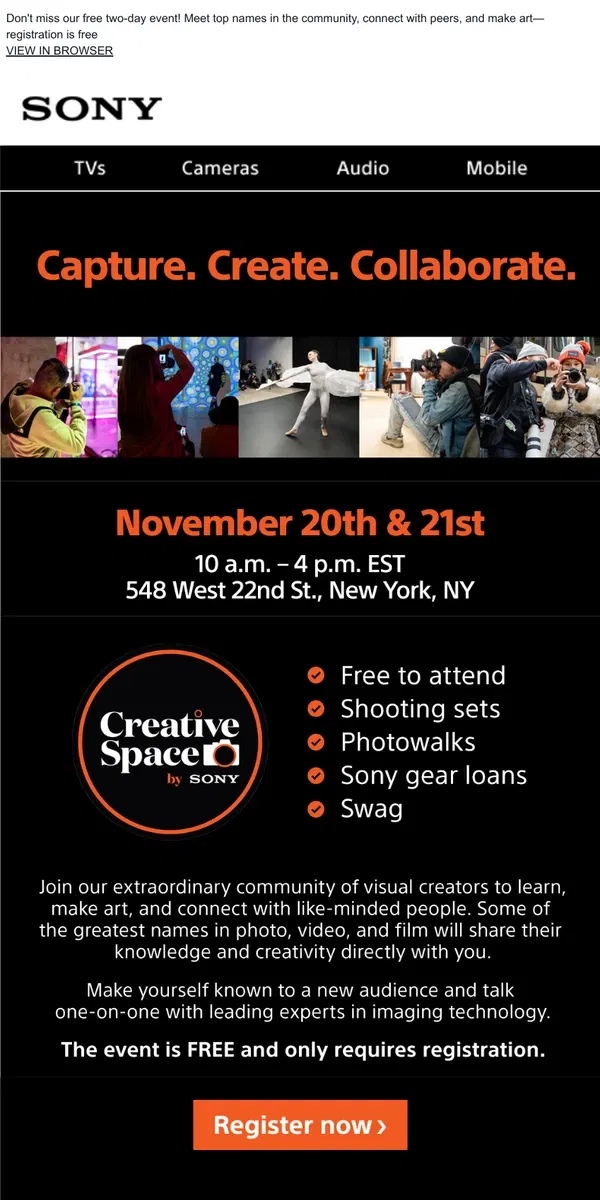 Email from Sony. Reminder: You're Invited To Our Free NYC Creative Space Event—Register Now