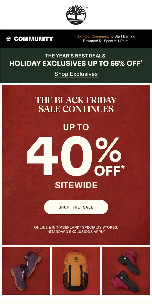 Email from Timberland. Up To 40% Off: Black Friday Sale is Still On!