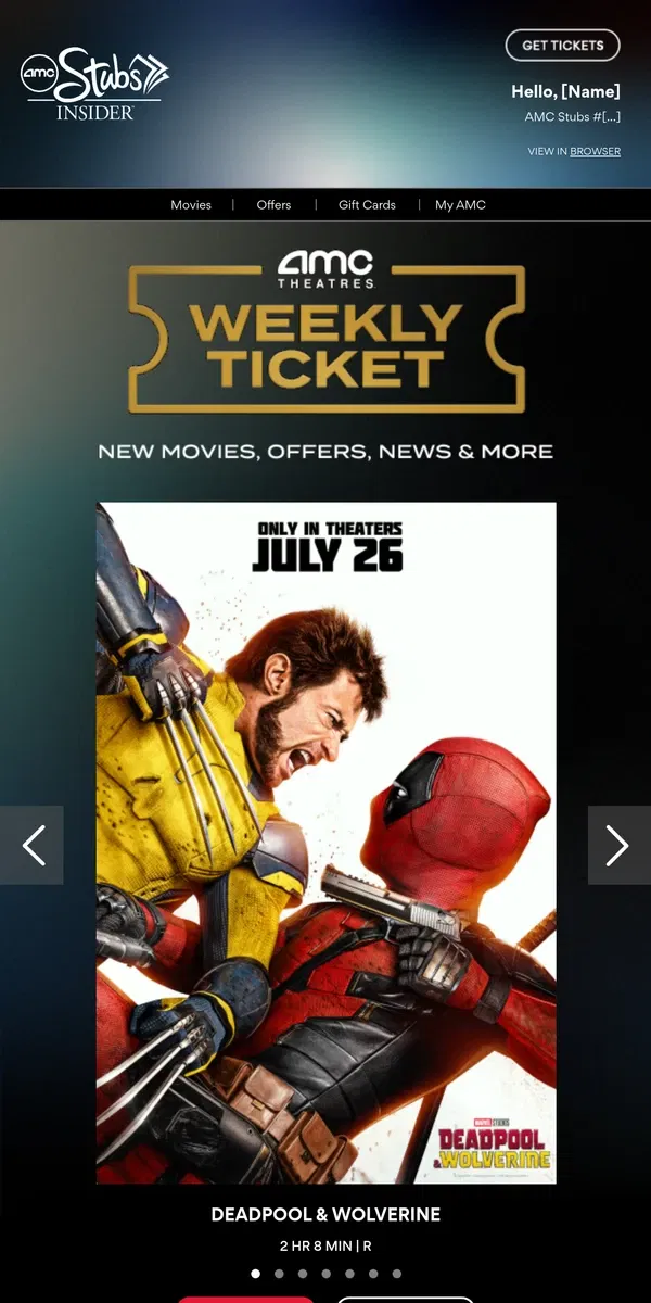 Email from AMC Theatres. [Name], Your Weekly Ticket Is Here