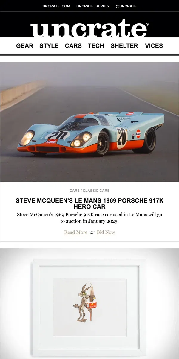 Email from Uncrate. Steve McQueen's Le Mans 1969 Porsche 917K Hero Car & more