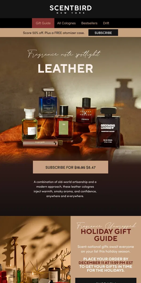 Email from Scentbird. Fragrance spotlight: Leather colognes