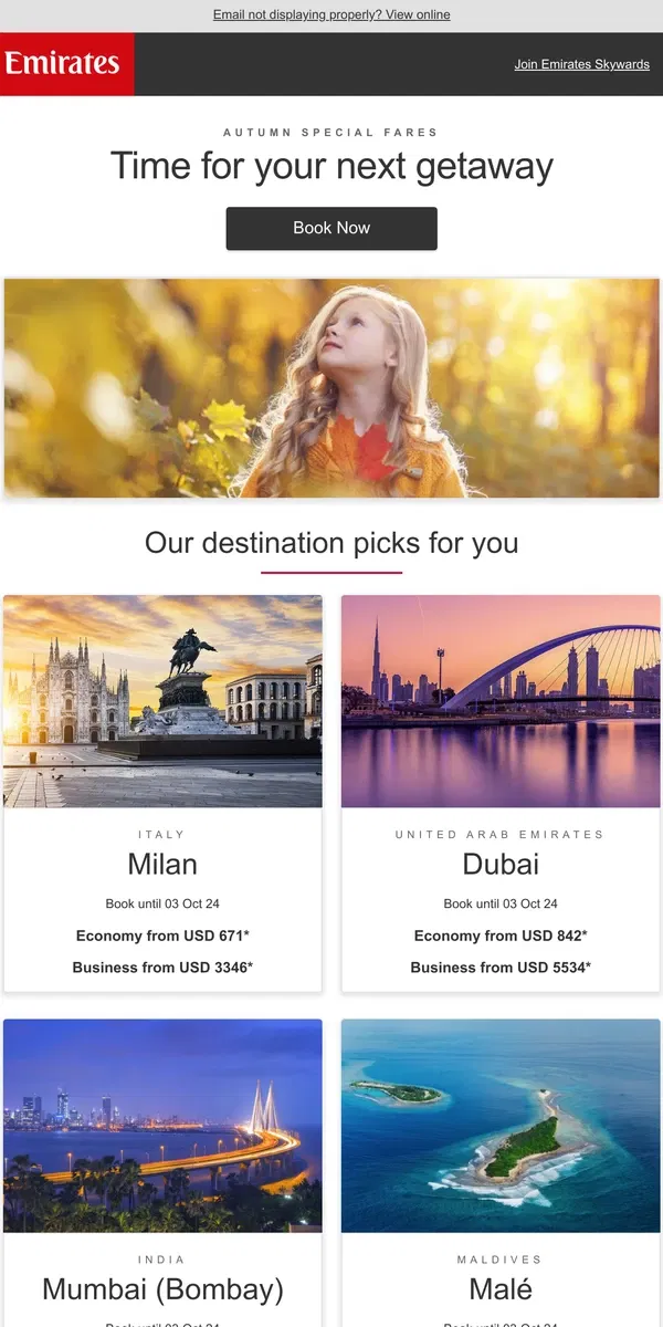 Email from Emirates. See the colours of autumn somewhere new for less