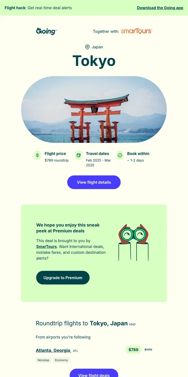 Email from Going. 🤩 *Premium* Tokyo —  $789 (Feb-Mar)