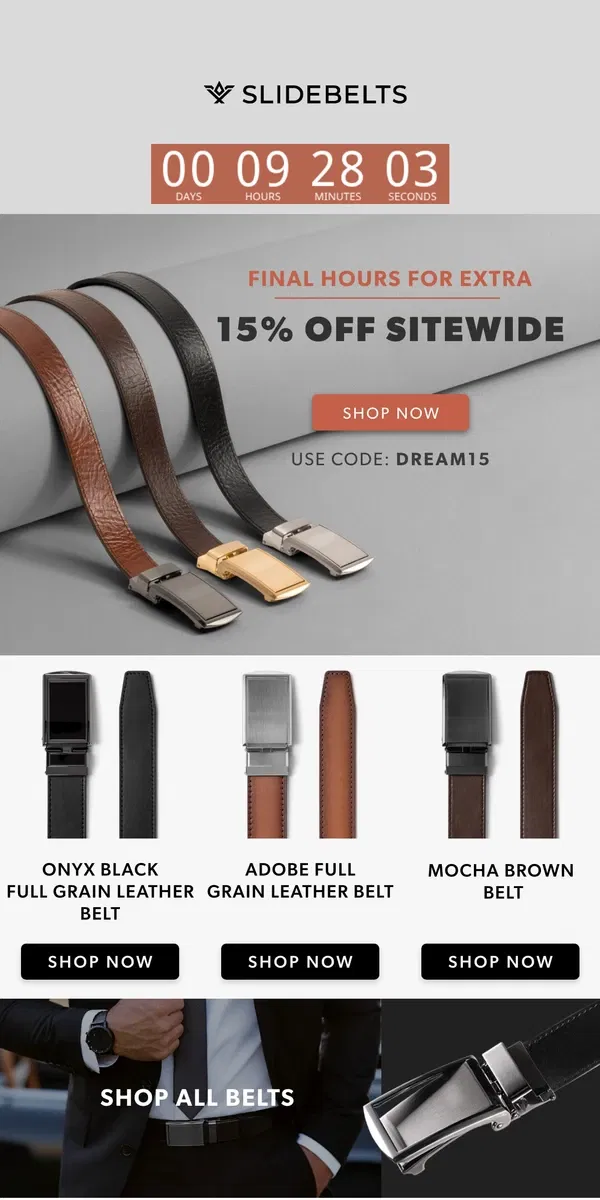 Email from SlideBelts. 💸 FINAL HOURS for 30% off select belts with 15% off everything