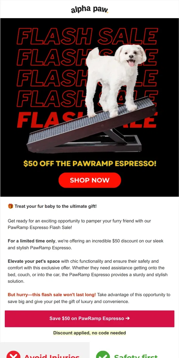 Email from Alpha Paw. 🚨 Flash Sale Alert: $50 Off PawRamp Espresso! ☕️