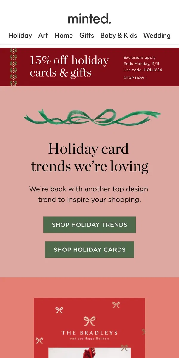 Email from Minted. 15% off trending holiday cards