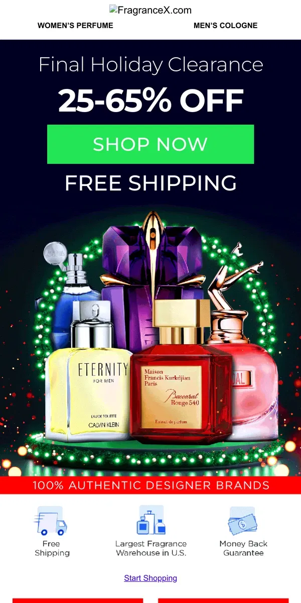 Email from FragranceX. Final Holiday Clearance: 25-65% OFF   E-V-E-R-Y-T-H-I-N-G