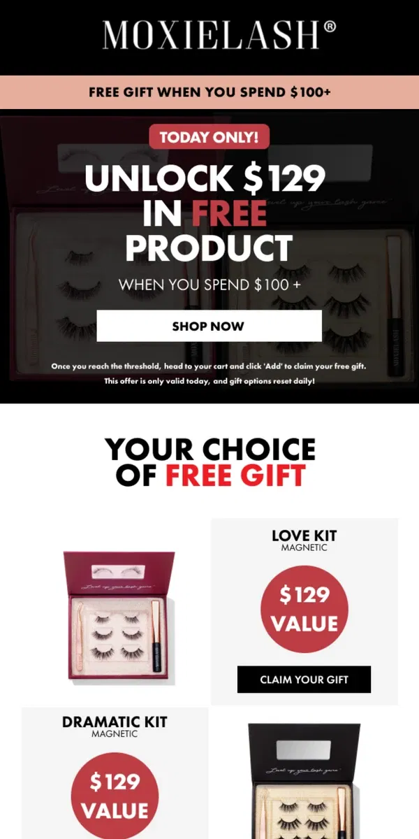 Email from MoxieLash. 24 HOURS ONLY! Claim Your FREE Gift Worth $129 🛍️