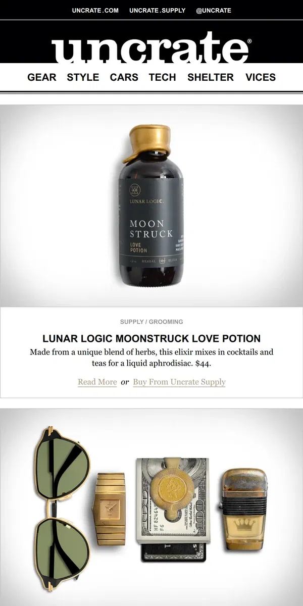 Email from Uncrate. Lunar Logic Moonstruck Love Potion & more