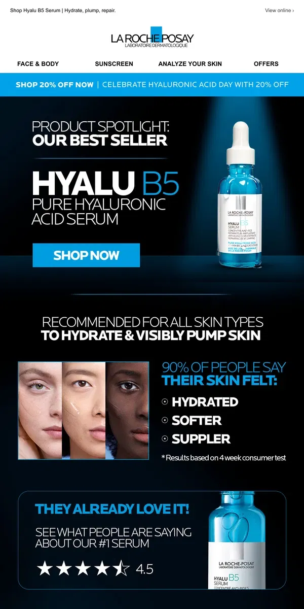 Email from La Roche-Posay. Shop 20% Off | Celebrate Hyaluronic Acid Day! 💧