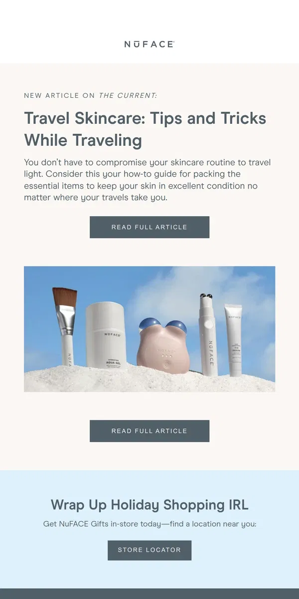 Email from NuFACE. Your How-To Guide for Travel Skincare