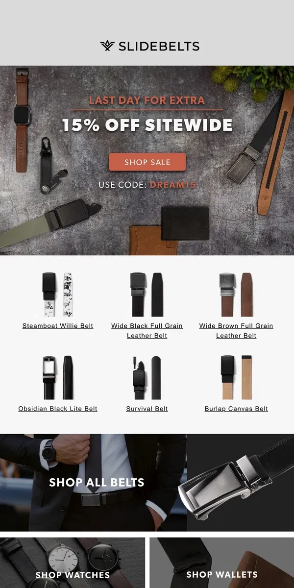 Email from SlideBelts. 🚨 Last day for select belts at 30% off 😲