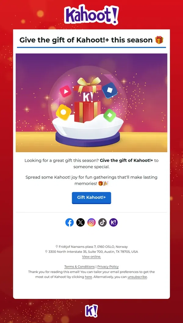 Email from Kahoot!. Looking for a perfect last minute gift this season? Gift Kahoot! to a loved one.