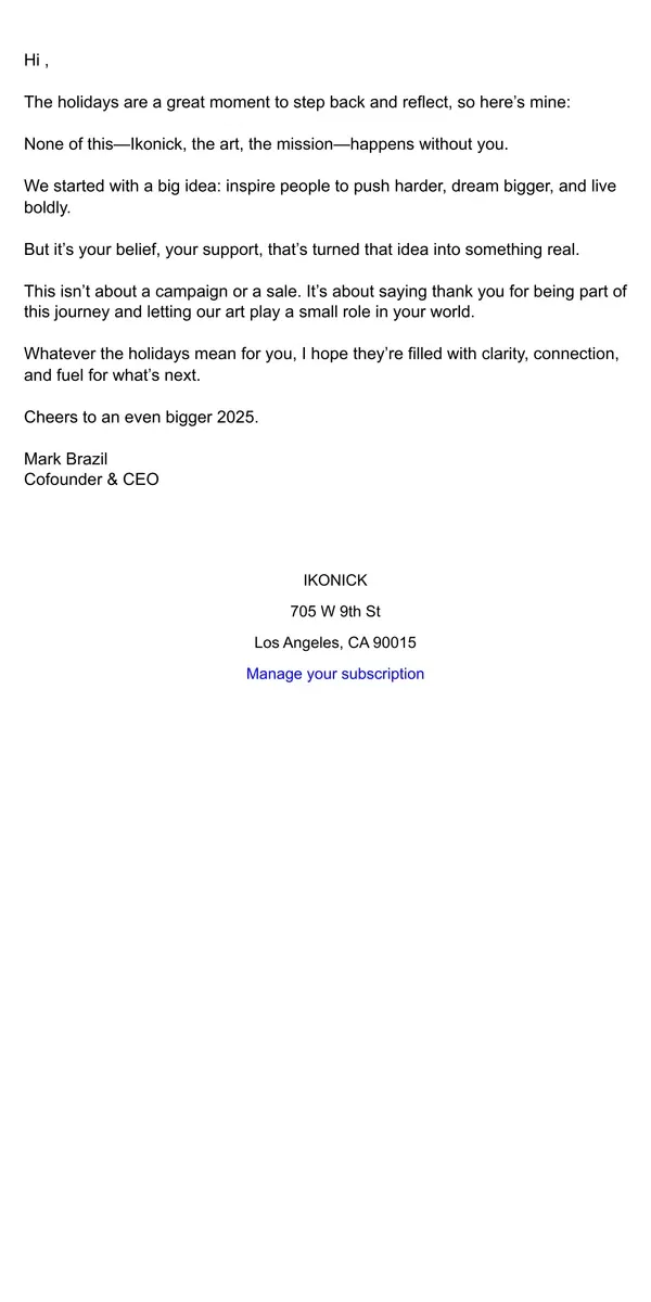 Email from IKONICK. From Mark: Happy Holidays