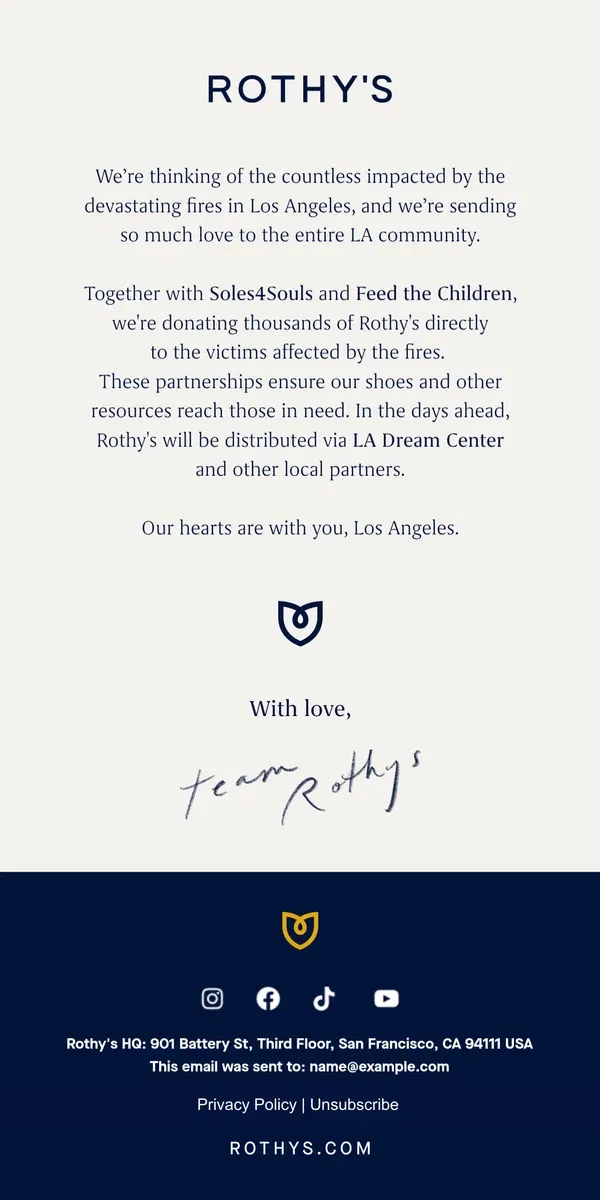 Email from Rothy's. LA, we’re here for you. 💙