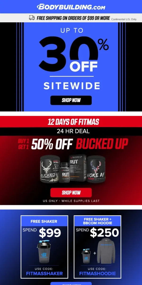 Email from Bodybuilding.com. 🚨 50% OFF Bucked Up! TODAY ONLY! 🚨 + Up to 30% Off PROTEIN