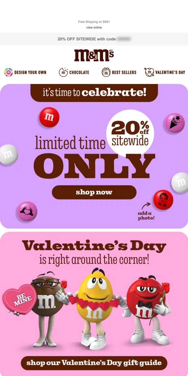 Email from M&M's. 20% OFF Starts NOW