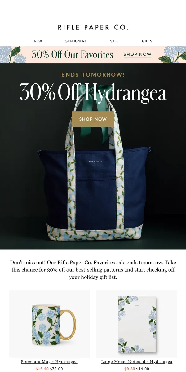 Email from Rifle Paper Co.. Ends Tomorrow: 30% off Hydrangea Favorites ✨