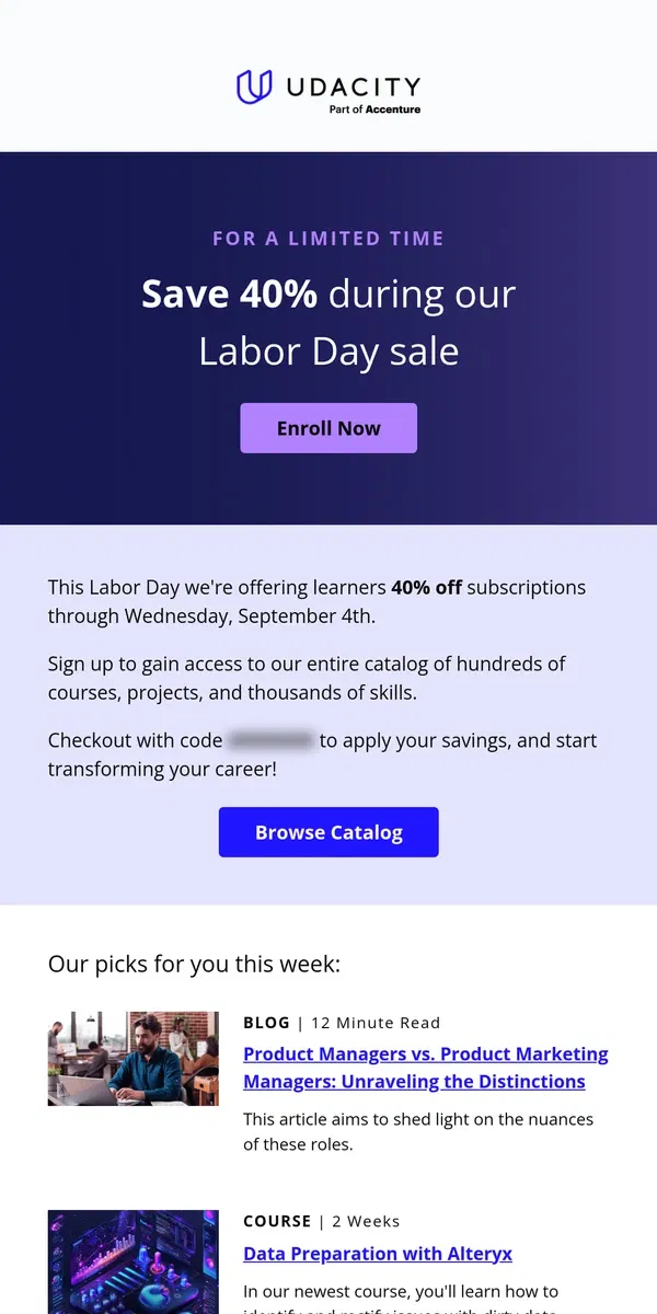 Email from Udacity. Weekend Roundup + 40% off for Labor Day!