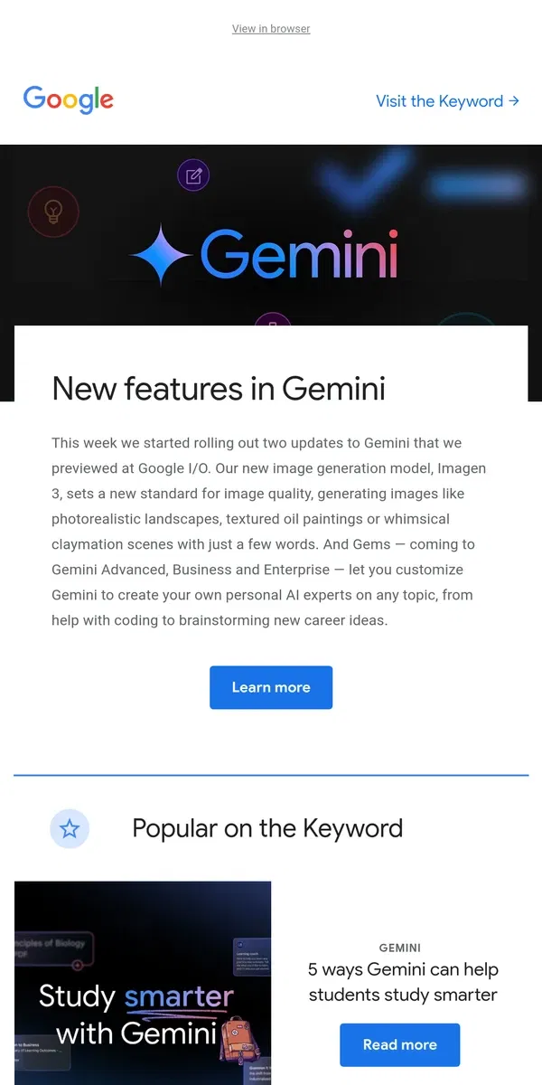 Email from Google. New in Gemini: Custom Gems and improved image generation