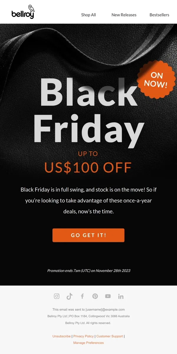 Email from Bellroy. Black Friday – stock is selling fast!