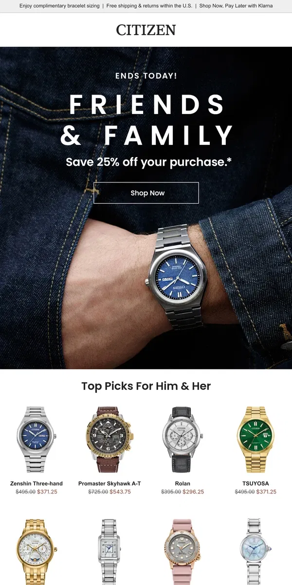 Email from Citizen Watch. Last Chance! Friends & Family Ends Today